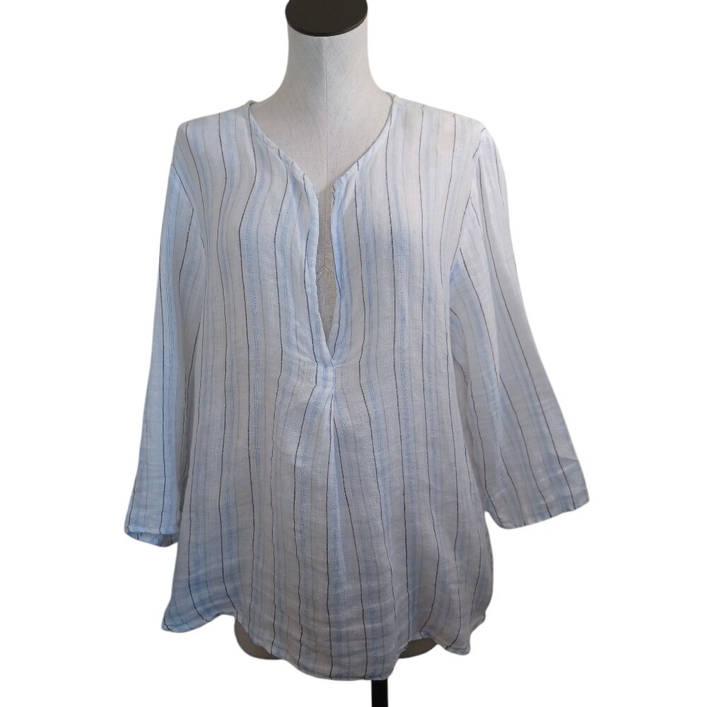 CP Shades Linen Tunic Blue White Stripes V Neck Long Sleeve Flowy Cover Up Large